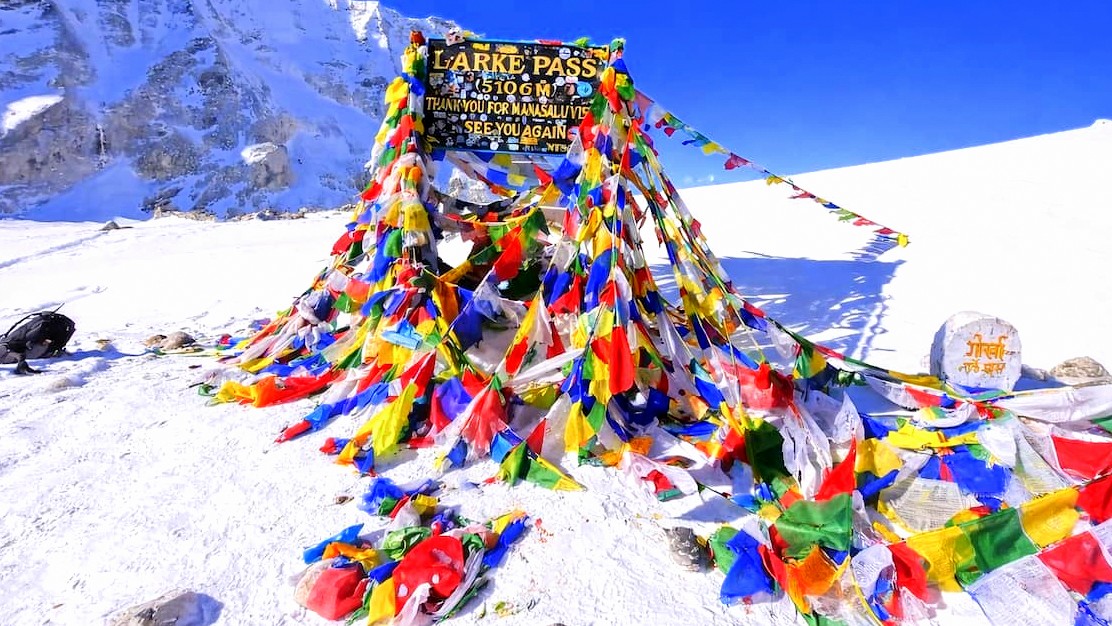 The Larkya La Pass, also known as Larke Pass, located in the Manaslu region of the Nepal Himalayas.
