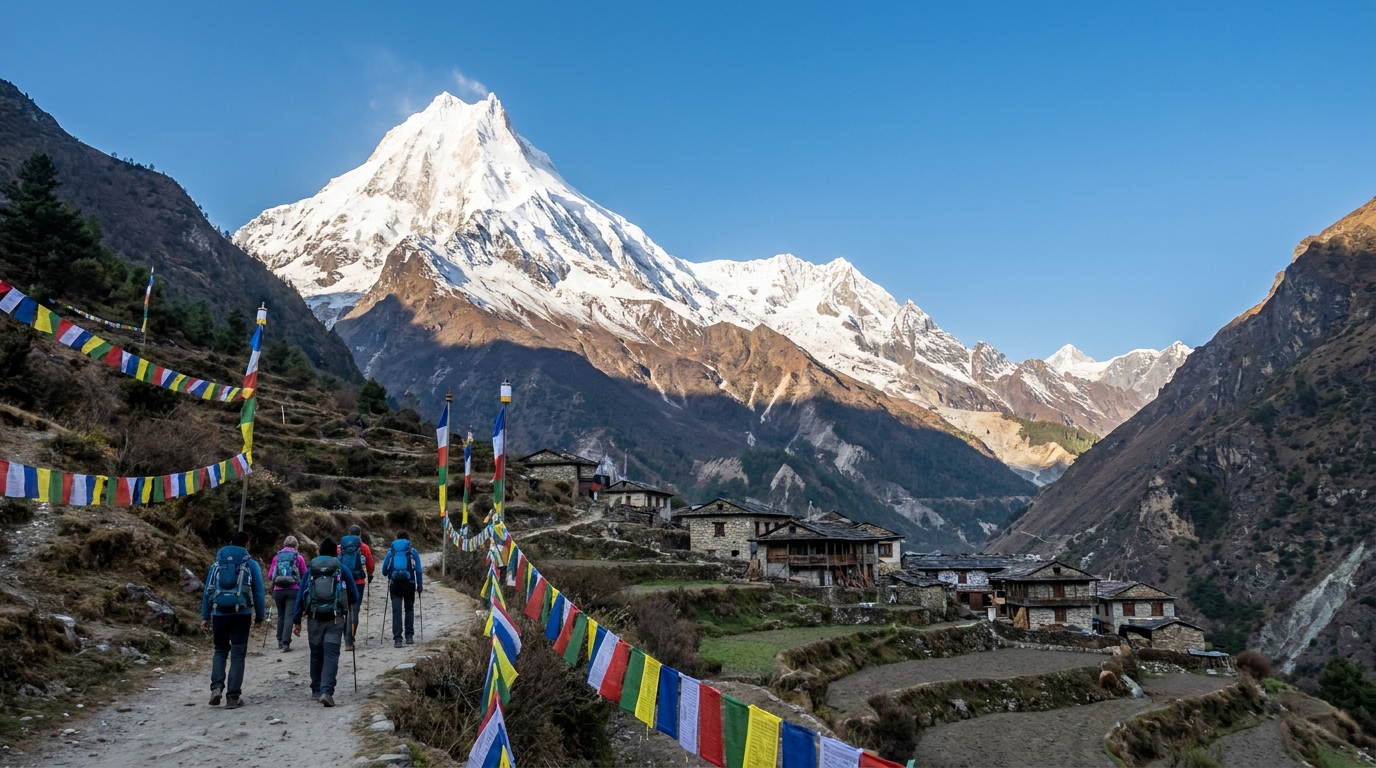 Trekkers walking in Manaslu valley 202609060909